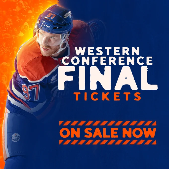 Oilers Western Conference Final Tickets On Sale Now graphic with an action shot of Connor McDavid 