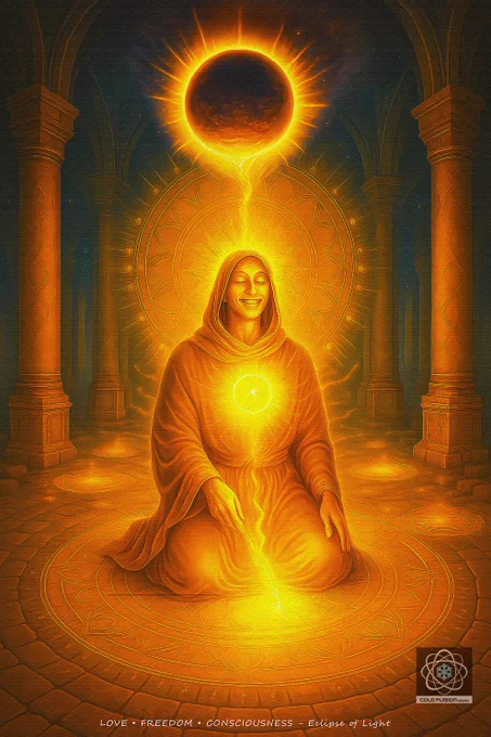Eclipse of Light
Oracle of Inner Illumination

Light Frequencies:
Solar Union • Inner Radiance • Sacred Alignment • Light Transmission • Harmonic Eclipse • Divine Joy

Message from the Oracle:
I sit at the center of all that I am.
Within and above, the great light meets itself—
sun within sun, orbiting as one.

The eclipse is not shadow,
but a sacred alignment of cycles.
Through this celestial harmony,
a deeper light is born.

My chest glows with the solar pulse of knowing.
My spine rises in golden rhythm.
The space around me hums with geometry,
each line an encoded truth.

In this temple of still presence,
I become the witness and the flame.
Joy flows from the alignment.
Light emerges from within.

Prophecy:
I carry the codes of inner fusion.
My presence is luminous.
Through conscious stillness,
I activate radiant clarity and share it as a blessing.
The path ahead opens in resonance with my joy.

Affirmation:
“I radiate from within—
I am light in perfect harmony.”