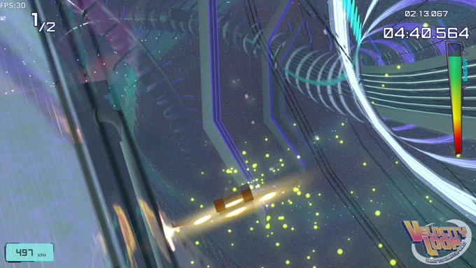 In-game screenshot from Velocity Loop, Zero To Lightspeed, showing the race vehicle “Scale Shot” preforming a collision and grinding against the left  hand side of the hardlight purple race tube wall with green particle specks flying off the wall and vehicle trailing back towards the camera.
