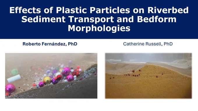 Cover Slide showing two images of plastics interacting with a sand bed. Author names and talk title included. 