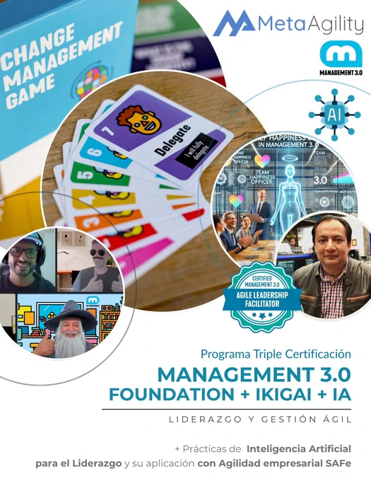 Formación oficial certificada de gestión y liderazgo ágil con Management 3.0   IKIGAI (Significado y propósito)   Inteligencia Artificial.

Formación ideal para directores, gerentes, líderes, Scrum Masters, Product Owner, PMP, PMO, Project Managers.
