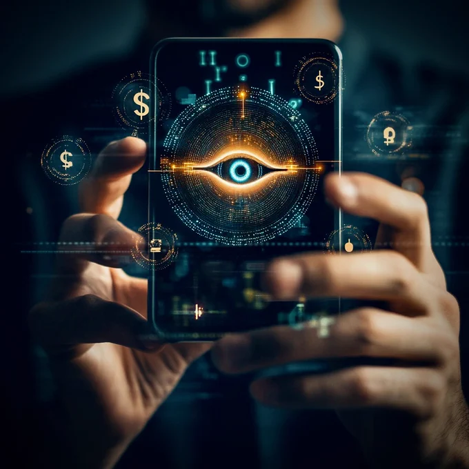 A close-up of a person holding a smartphone. On the screen, a glowing digital eye is embedded within a circular matrix of code, surrounded by symbols representing. The design suggests surveillance, digital control, and financial monitoring, symbolizing the implications of central bank digital currencies (CBDCs). The scene is dark and high-tech, evoking a futuristic but ominous mood.