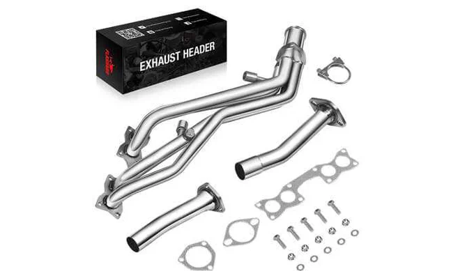 High-quality stainless steel Nissan Hardbody 2.4 Exhaust Header kit with pipes, gaskets, bolts, and clamps, designed to enhance engine performance and improve exhaust flow.