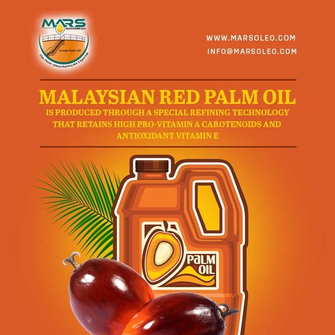 Malaysian Red Palm Oil Is Produced Through a Special Refining Technology That Retains High Pro-Vitamin A carotenoids and Antioxidant Vitamin E.

Mars Oleochemicals, Palm Oil, Palm Oleochemicals, Malaysian Palm Oil, Red Palm Oil, Vegetable Oil, Crude Palm Oil, Palm Oil Business, Palm Oleochemicals Exporter, Palm Oleochemicals Supplier, Malaysian Palm Oil Export, worldwide, www.marsoleo.com, info@marsoleo.com