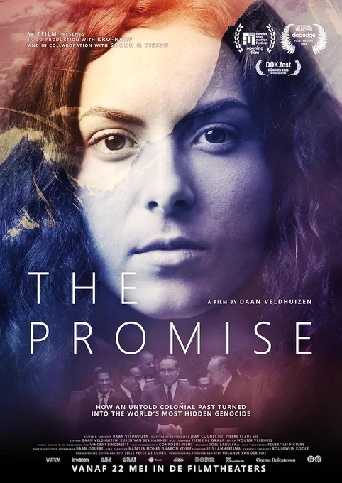 Filmposter The Promise. Een gerestaureerd portret van een jonge vrouw met zwart krullend haar en een indringende kijk uit haar ogen.