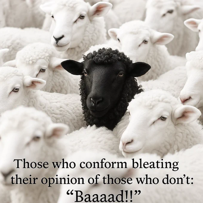 A single black sheep stands surrounded by a flock of nearly identical white sheep. The white sheep are illustrated as repeatedly saying “Baaaad” in subtle speech bubbles. The black sheep remains silent, centered, and alert. A quiet caption beneath it reads: “They always say that about the one who sees.”