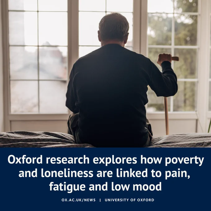 Back view of a person sitting on a bed, looking out a window, holding a cane, with text overlay discussing University of Oxford research on the link between loneliness, pain, fatigue, and low mood.