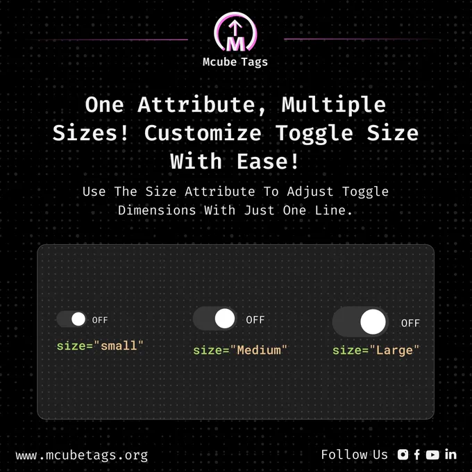 Three toggle components rendered in small, medium, and large sizes to demonstrate size attribute flexibility.