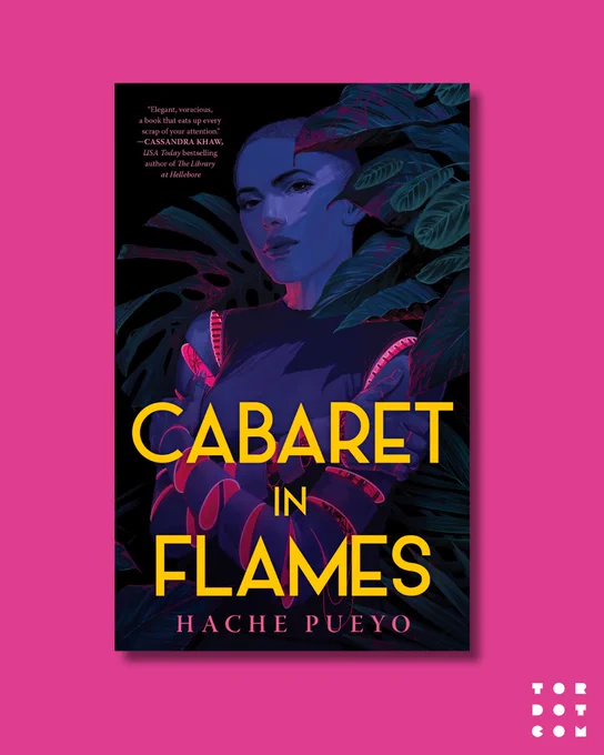 A graphic featuring the cover of Cabaret in Flames by Hache Pueyo set against a pink background, which features a person hidden in a bunch of plants with arms covered in neon pink bands.