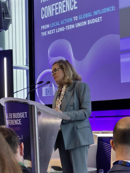 Photo of the President of the European Investment Bank, Nadie Calviño, speaking at the conference.
