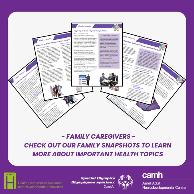 A purple and white poster showcasing family snapshots. The poster reads "Family Caregivers - check out our family snapshots to learn more about important health topics". 