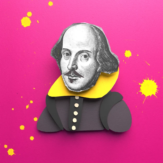 An engraving of Shakespeare on a pink background with yellow splatters