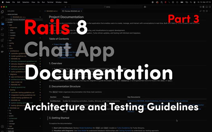 Welcome to Part 3 of my Rails 8 Chat App series!

In this video, I walk you through the documentation system I built for “Raindy”, a minimalist Rails 8 chat app that combines Tailwind, Turbo Streams, Stimulus, and accessibility-focused UI.

But this isn’t just about markdown and README files — it's about how I design documentation for human developers and AI teammates.

We’ll explore:
- My documentation structure (Architecture and Testing)
- Custom documentation templates for controllers, models, Stimulus, and Turbo
- How I use Mermaid diagrams to visualize app structure
- The role of YAML frontmatter and markdown metadata
- Conventions that help AI generate better code

Whether you're documenting for yourself, a team, or an LLM — I hope this gives you inspiration to structure your own Rails projects.