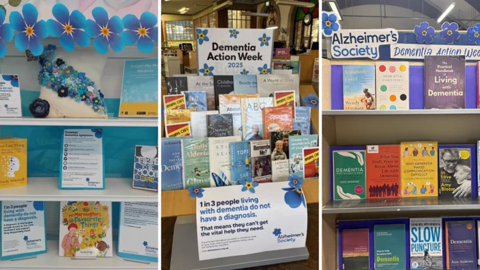 Three photos of library displays with forget me not decorations and books about dementia