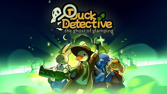 Key art for the game Duck Detective: The Ghost of Glamping . The image features colourful cartoon animals, including a duck detective and friends, in a spooky glamping setting with ghostly elements.