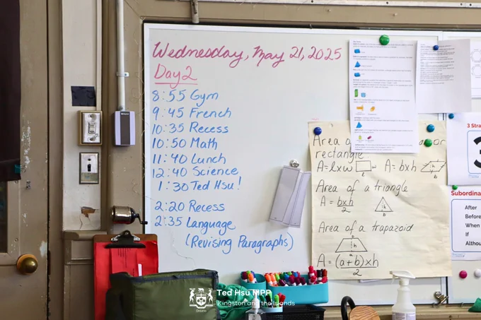 A photo of the students schedule for the day, which shows that that MPP Ted Hsu was visiting.