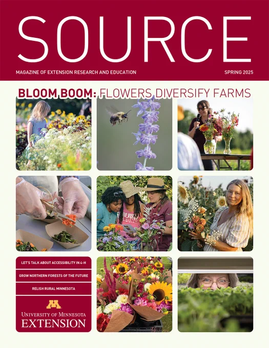 The spring 2025 cover of Source magazine featuring a collage of photos highlighting flower farming.