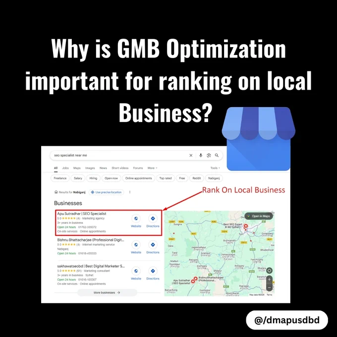 🧭 1. Improves Local SEO
Google uses GMB data (like business name, category, location, and reviews) to decide which businesses appear in the Local Pack (the top 3 results shown in maps and search for local queries). A well-optimized GMB listing increases the chance of ranking there.

📍 2. Boosts Visibility in Google Maps
Most people search for services using Google Maps. An optimized GMB profile ensures your business shows up when people nearby search for your service.

⭐ 3. Increases Trust and Credibility
Having accurate info, good reviews, and frequent posts shows customers (and Google) that your business is active and trustworthy.

📊 4. Provides Key Insights
GMB provides valuable data like how customers find your business, where they come from, and what actions they take (calls, website visits, directions). These insights help improve your marketing strategy.

📷 5. Enhances Customer Engagement
Features like Q&A, messaging, posts, and photos allow businesses to interact directly