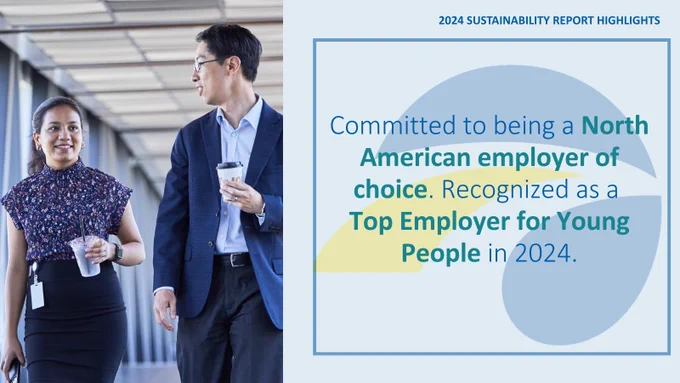 Two individuals walking and having a conversation in a corporate setting, holding coffee cups. Text overlay states "2024 Sustainability Report Highlights: Committed to being a North American employer of choice. Recognized as a Top Employer for Young People in 2024."