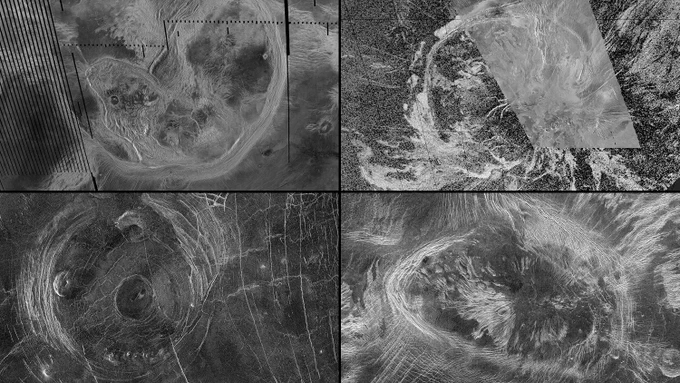 A mosaic of four black-and-white radar images come from NASA’s Magellan mission show various coronae on the surface of Venus. Each panel highlights a large, circular or oval geological structure with complex patterns of fractures, ridges, and surrounding terrain. These coronae vary in appearance, some with clear concentric rings and central domes, while others have overlapping features or radial streaks. The top left image includes striping artifacts from radar mapping.