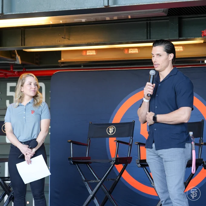 Drew Robinson, Giants Mental Health Advocate and Dr. Shana Alexander, Director of Mental Health & Wellness EAP give opening remarks during Mental Health Awareness Day. 