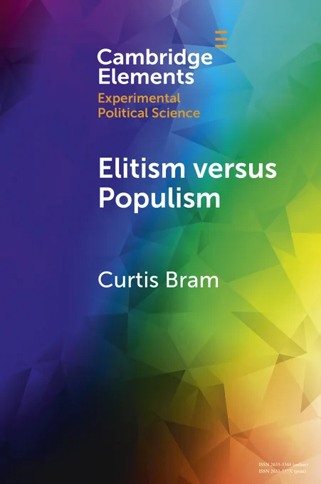 Cover of Cambridge Elements in Political Science book titled 'Elitism versus Populism' by Curtis Bram, featuring a colorful geometric background.