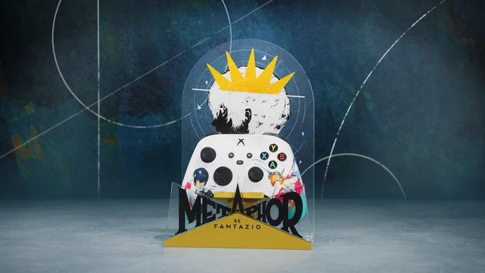Custom Xbox controller displayed in a decorative stand themed around the game "Metaphor: ReFantazio." The controller features artwork of two anime-style characters and sits in front of a stylized background with a crowned silhouette of a character's head. The stand includes the game's title in bold, black text on a golden base.