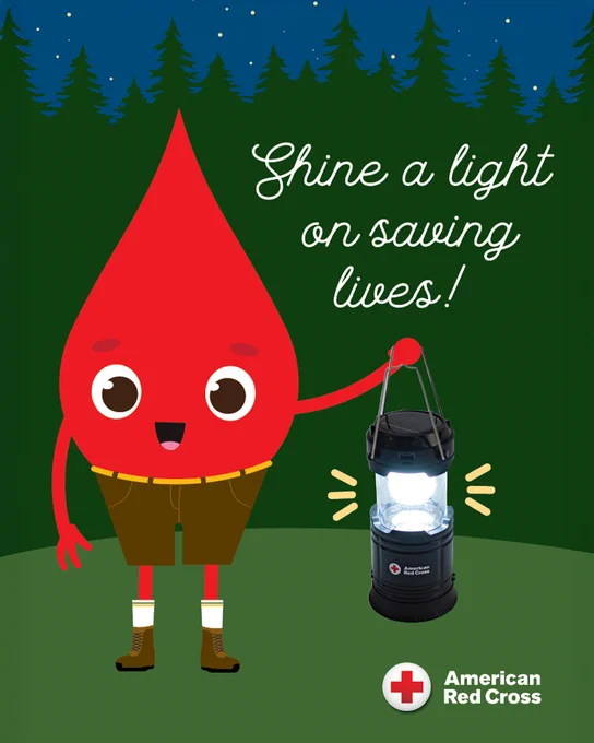 An animated character resembling a red blood drop, holding a lantern with the American Red Cross logo on it, standing in a forest at night. Text above reads 'Shine a light on saving lives!'