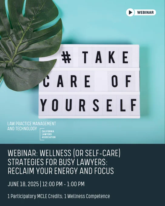 Promotional image for a webinar titled 'Strategies for Busy Lawyers: Wellness and Self-Care' by the Law Practice Management and Technology Section, scheduled for June 18, 2025. Features a lightbox with the text '#TAKE CARE OF YOURSELF' surrounded by a tropical leaf, overlaying a teal background.