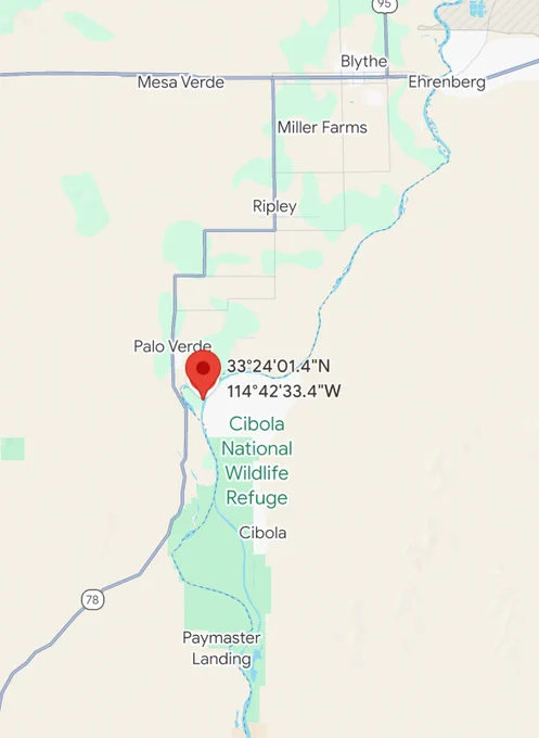 Map showing red pin in a spot along the Colorado River S of Ehrenburg AZ showing location of the Broadway Fire.