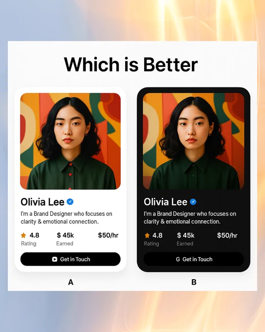 A 4:3 side-by-side UI comparison image featuring two profile card designs. Both cards have the same layout but different styling and content. The left card features a new image and light theme with a green-accented "Get in Touch" button. The right card has a dark theme with a vibrant red-accented button. Both include profile name, title, rating, earnings, and rate.