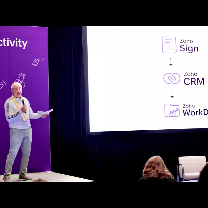 Howard from SalesTiger presenting about their implementation and usage of Zoho Sign during our session on Day 2 in the HR and Team Productivity track