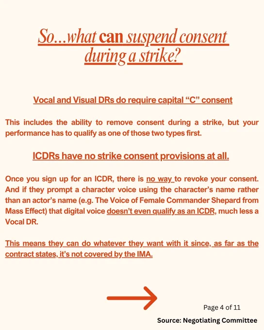 So... what CAN suspend consent during a strike?

Vocal and Visual DRs do require capital “C” consent

This includes the ability to remove consent during a strike, but your performance has to qualify as one of those two types first. 

ICDRs have no strike consent provisions at all. 

Once you sign up for an ICDR, there is no way to revoke your consent. And if they prompt a character voice using the character’s name rather than an actor’s name (e.g. The Voice of Female Commander Shepard from Mass Effect) that digital voice doesn’t even qualify as an ICDR, much less a Vocal DR. 

This means they can do whatever they want with it since, as far as the contract states, it’s not covered by the IMA.