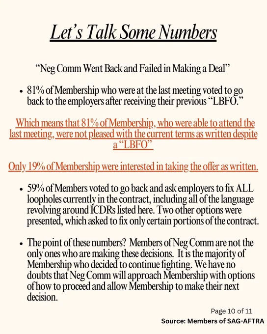 Let’s Talk Some Numbers
“Neg Comm Went Back and Failed in Making a Deal” 

81% of Membership who were at the last meeting voted to go back to the employers after receiving their previous “LBFO.”

Which means that 81% of Membership, who were able to attend the last meeting, were not pleased with the current terms as written despite a “LBFO” 

Only 19% of Membership were interested in taking the offer as written.

59% of Members voted to go back and ask employers to fix ALL loopholes currently in the contract, including all of the language revolving around ICDRs listed here. Two other options were presented, which asked to fix only certain portions of the contract.

The point of these numbers?  Members of Neg Comm are not the only ones who are making these decisions.  It is the majority of  Membership who decided to continue fighting. We have no doubts that Neg Comm will approach Membership with options of how to proceed and allow Membership to make their next decision.
