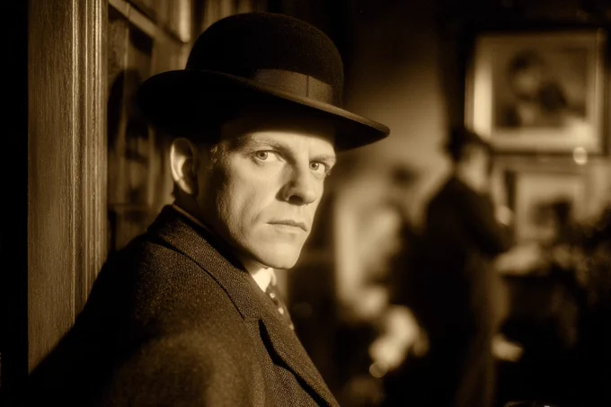 A Victorian detective depicted in a Sepia-Toned Silent Film Scene, evoking the drama and expression of early cinema. Use muted chestnut and sand sepia tones to enhance the nostalgic atmosphere --ar 3:2 --v 7.0