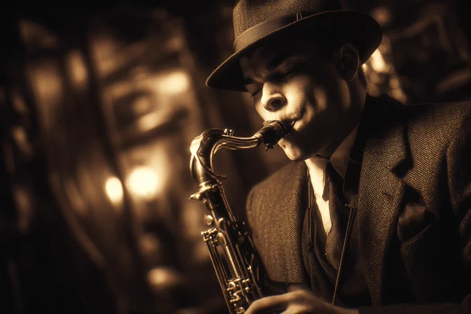 A jazz saxophonist depicted in a Sepia-Toned Silent Film Scene, evoking the drama and expression of early cinema. Use muted amber and walnut sepia tones to enhance the nostalgic atmosphere --ar 3:2 --v 7.0 