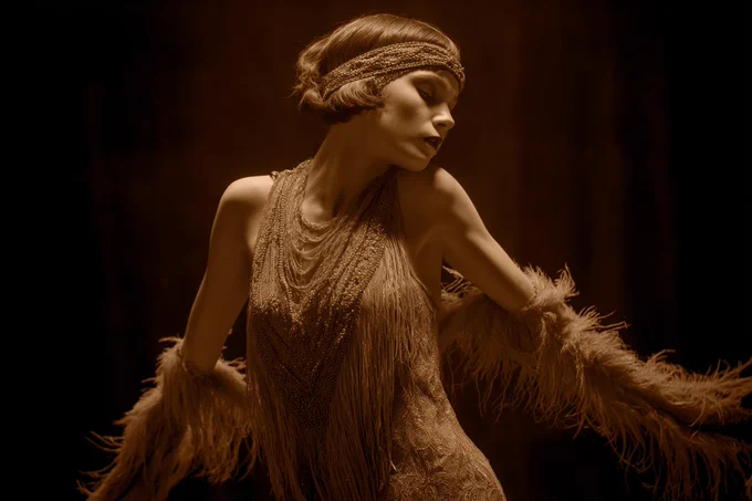 A 1920s flapper dancer depicted in a Sepia-Toned Silent Film Scene, evoking the drama and expression of early cinema. Use muted caramel and taupe sepia tones to enhance the nostalgic atmosphere --ar 3:2 --v 7.0