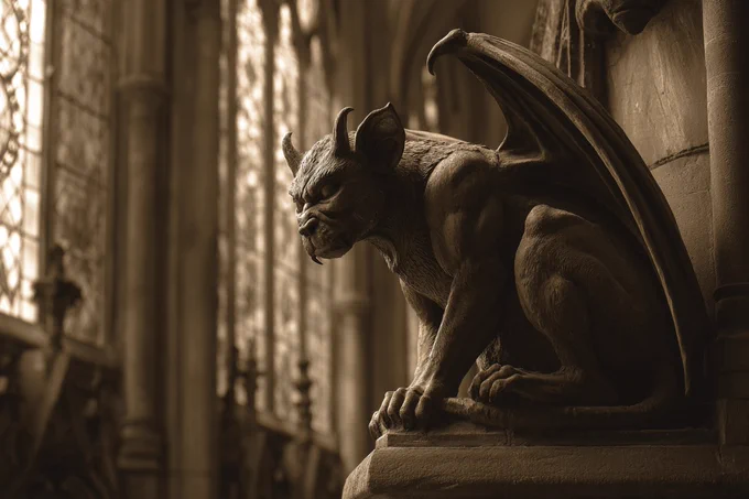 A Gothic Cathedral Gargoyle depicted in a Sepia-Toned Silent Film Scene, evoking the drama and expression of early cinema. Use muted charcoal grey and tawny brown sepia tones to enhance the nostalgic atmosphere --ar 3:2 --v 7.0