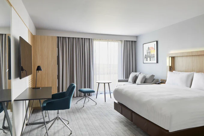 One of the bedrooms in the Courtyard by Marriott hotel at Keele University