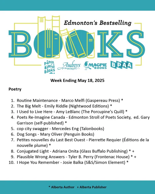 Edmonton Bestseller List for the week ending May 18, 2025. A PDF of the list can be found on our website through the following URL: http://bookpublishers.ab.ca/programs/edmonton-bestseller-list/