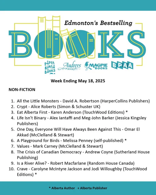 Edmonton Bestseller List for the week ending May 18, 2025. A PDF of the list can be found on our website through the following URL: http://bookpublishers.ab.ca/programs/edmonton-bestseller-list/