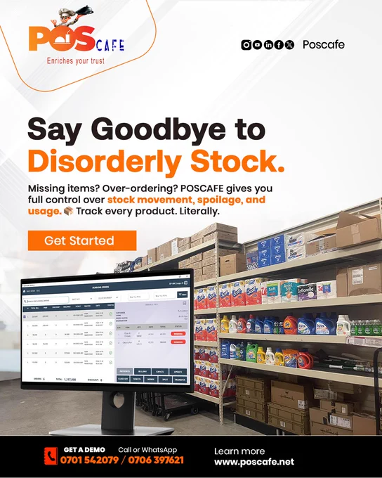 Gain full control and transparency over your inventory with POSCafe. 
Prevent spoilage, reduce missing items, and optimize your stock usage

Visit www.poscafe.net  Or  
📞0701 542079 / 0706 397621. 

#HotelManagementSystems #BusinessSolutions ##RetailTech #Poscafe