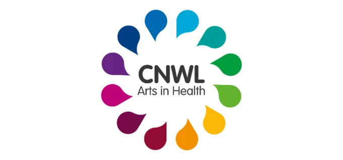 Picture shows the CNWL Arts in Health logo. Logo has this text in the middle and then around the text has a circle of teardrop shapes in rainbow colours. 