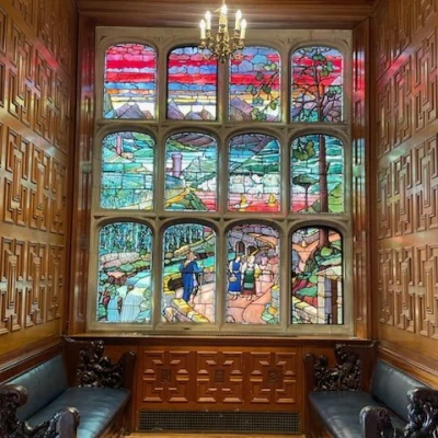 Picture shows stained glass window design at Two Temple Place. 
