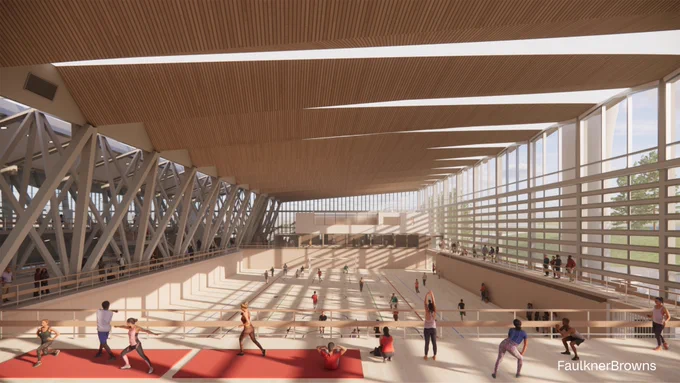A visualisation of an Interior view of a modern indoor swimming pool with people swimming and sitting poolside