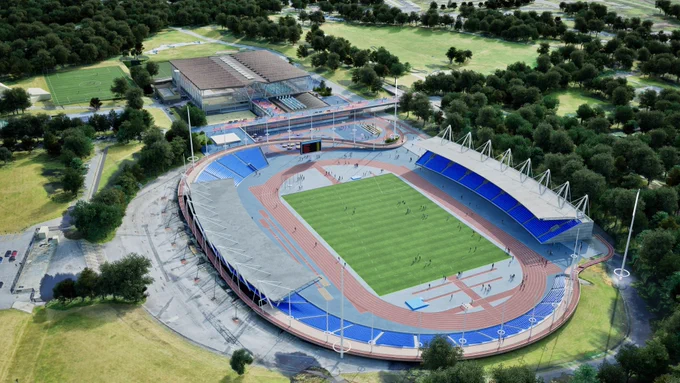  An aerial visualisation of a renovated Crystal Palace National Sports Centre with a track and field layout, blue seating, and surrounding green parkland.