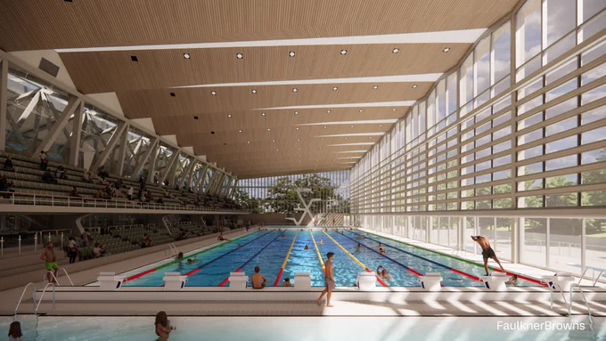 A visualisation of an interior hall at Crystal Palace National Sports Centre filled with people exercising
