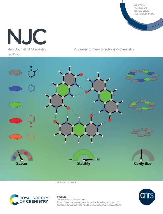The cover of NJC Volume 49, Number 20. 

Featured article is How molecular spacers enhance the bonding strength of trimeric Janus-like rosettes through secondary interactions, by André Nicolai Petelski and coworkers.

Cover art shows a schematic of the trimeric rosettes, in which spacers of various structures can adjust the stability of the overall system and cavity size.

