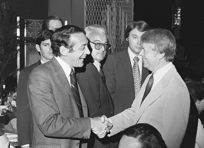 Harvey Milk and Jimmy Carter shaking hands. Photographer Donald Eckert