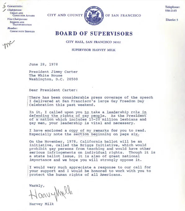 Letter from Harvey Milk to President Carter. Jimmy Carter Presidential Library Archives